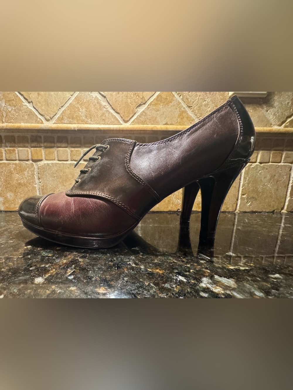 Anne Klein Burgundy and Black Lace-Up High Heel Oxford